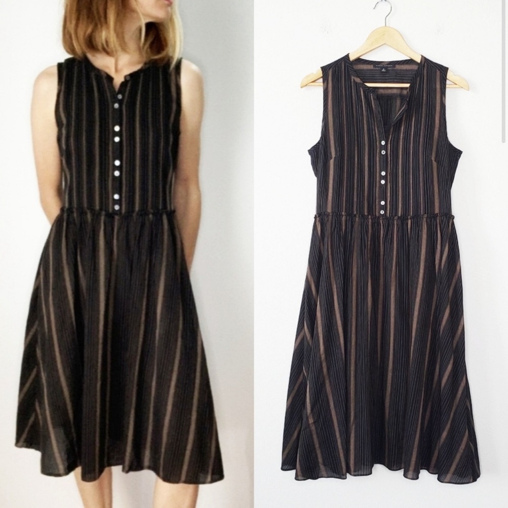 ✨Banana Republic Black Brown Striped Sleeveless Pleated Midi Dress - Size 8